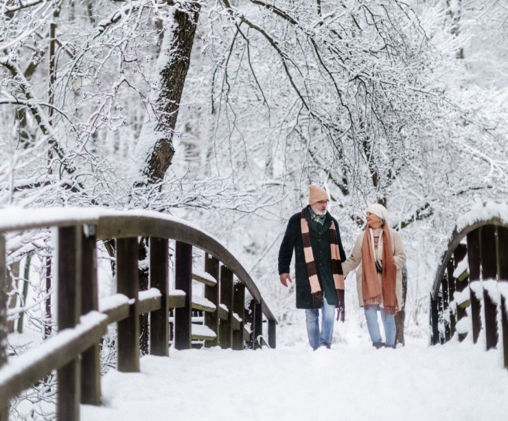 A couple walking across a bridge in the snow.