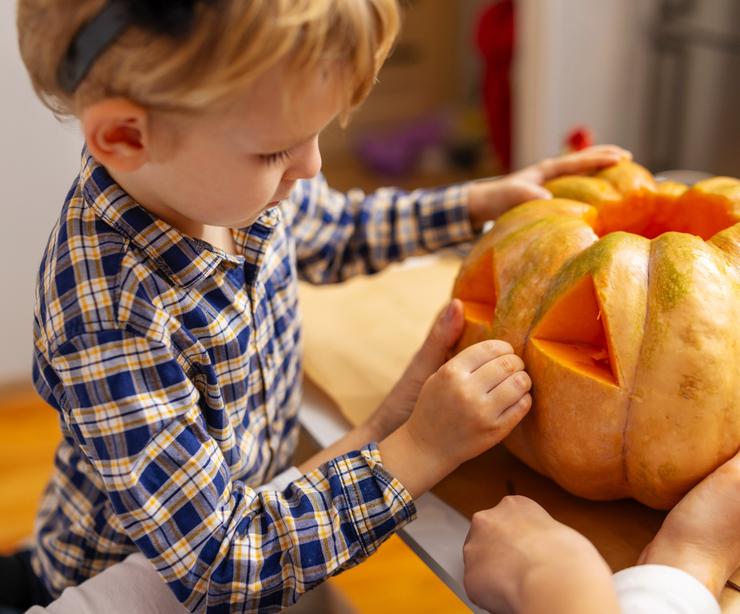 A child carving a pumpkin.