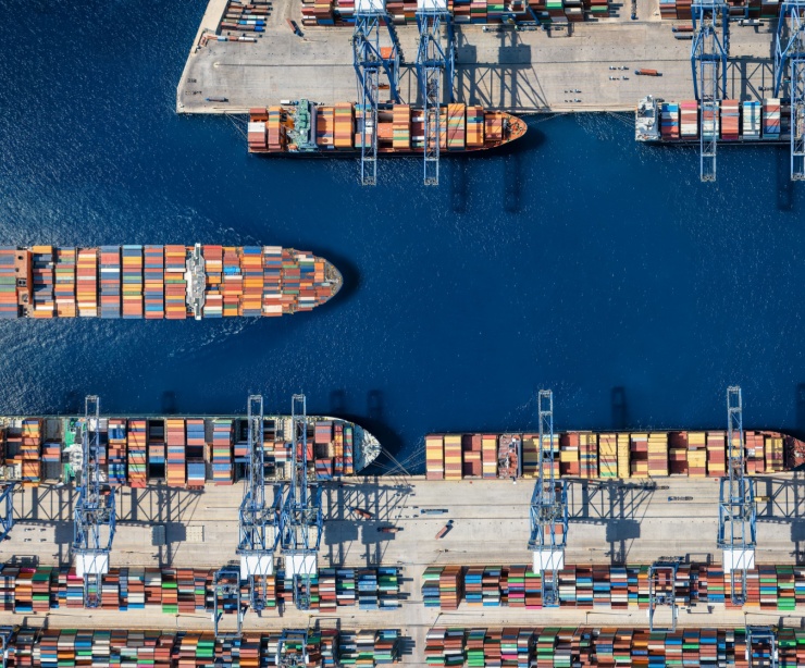 An aerial view of a cargo ship harbour.